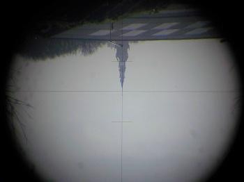 An inverted view through the telescope showing the stadia hairs.