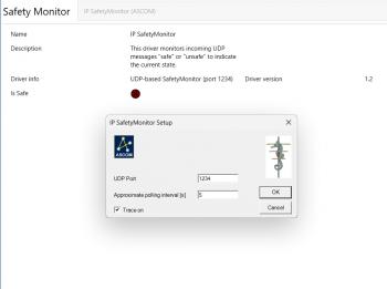 The settings dialog window of the ASCOM IP SafetyMonitor.