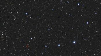 Corona Borealis as imaged on 7 April 2026, the red cross indicates the recurring nova T CrB.