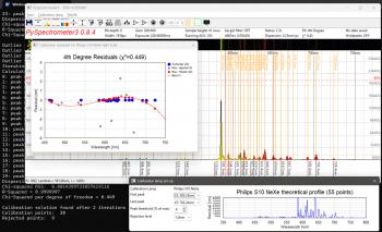 PySPectrometer3 with the two calibration windows opened, capturing data from an 8bit ZWO ASI290MC.