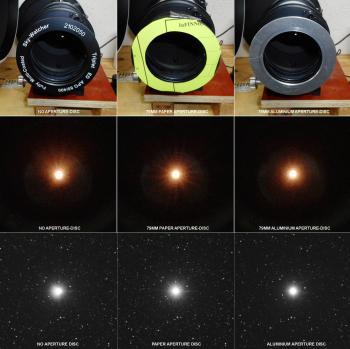 Tests with two aperture discs to remove bright star artefacts from the SkyWatcher Esprit 80ED.
